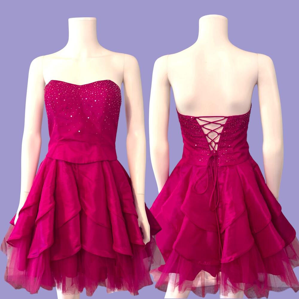 Y2K Morgan & Co. Fuchsia Party Dress Size 5/6 Strapless Sequin Beaded LaceUp